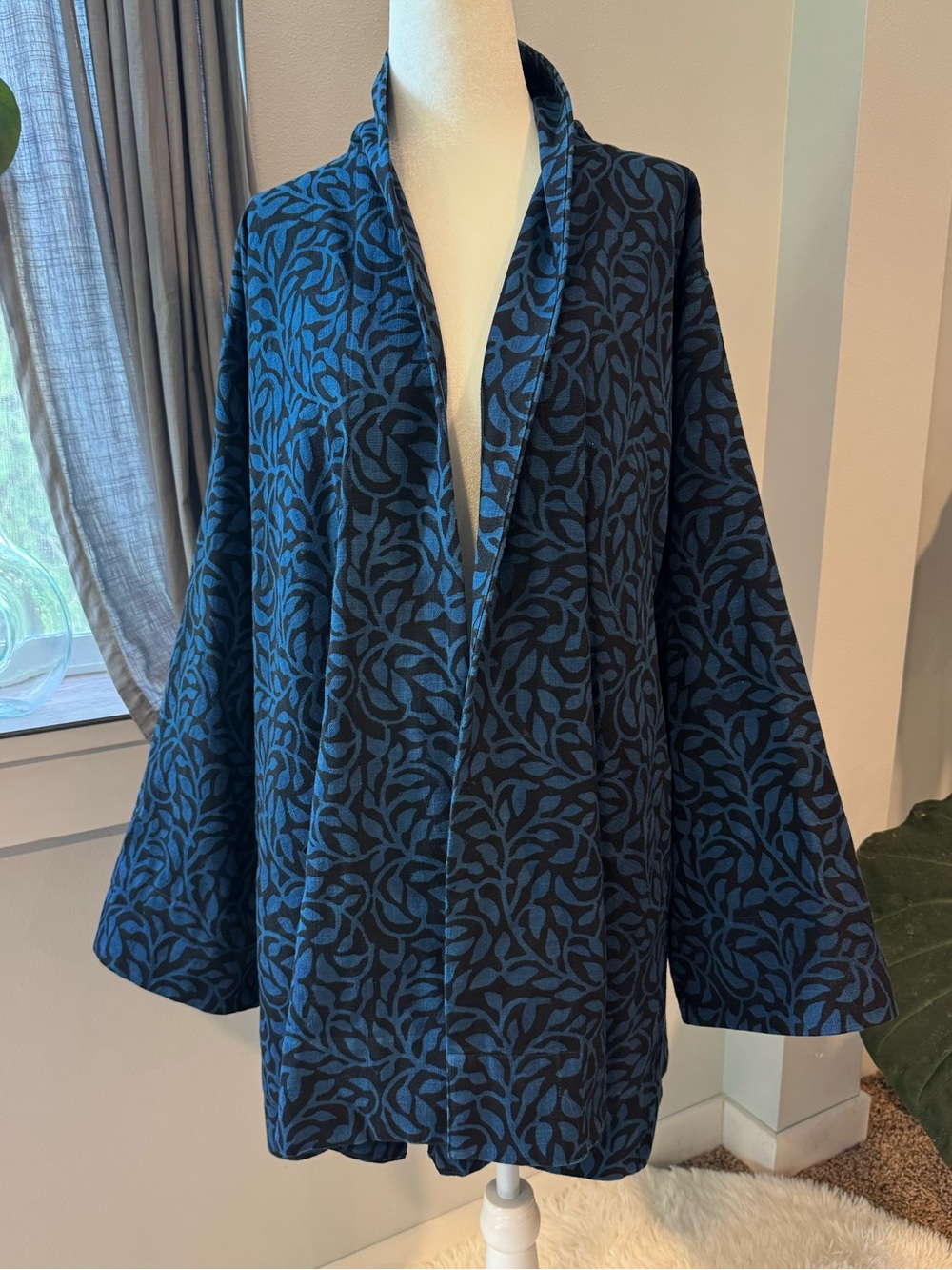 Maiwa organic cotton hand block pattern blue black longline kimono one size